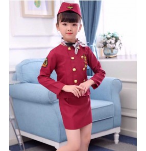 Girls Halloween party carnival Flight attendants role playing stage performance clothes for kids film drama dress up cosplay Uniforms